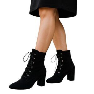 $600 Longchamp Black Suede Lace Up Granny Boots Sz 37‎ 6.5 NEW